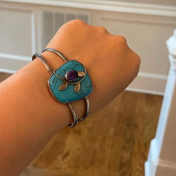 Vintage Sterling Silver Cuff Bracelet with Turquoise-Style Stone & Amethyst - Picture 10 of 10